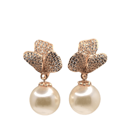 Flower Floral CZ Cubic Zirconia Drop Rose Gold Pearl Clip On Earrings - Ella Moore