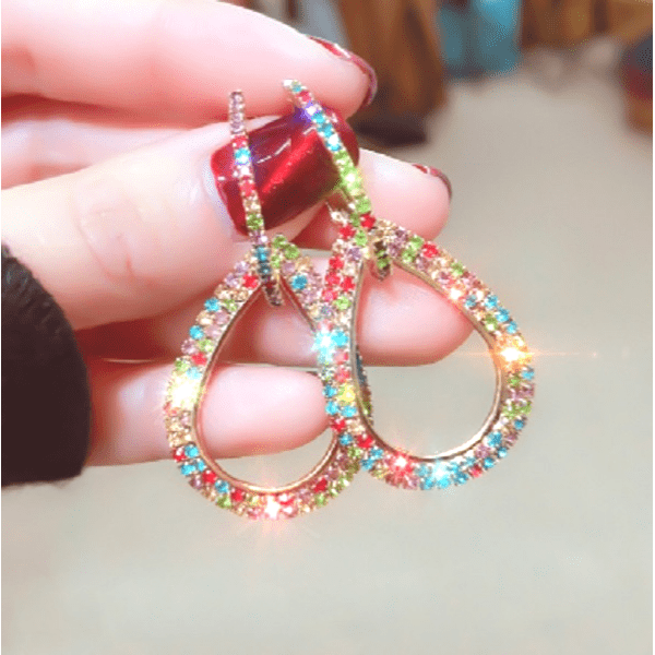 Gold Multicolored Teardrop Pave Rhinestone Hoop Earrings - Ella Moore