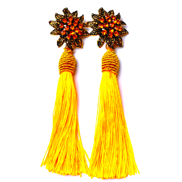 Golden Yellow Rhinestone Flower Tassel Drop Danging Earrings - Ella Moore