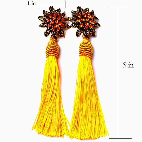 Golden Yellow Rhinestone Flower Tassel Drop Danging Earrings - Ella Moore
