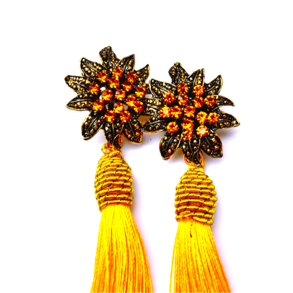 Golden Yellow Rhinestone Flower Tassel Drop Danging Earrings - Ella Moore