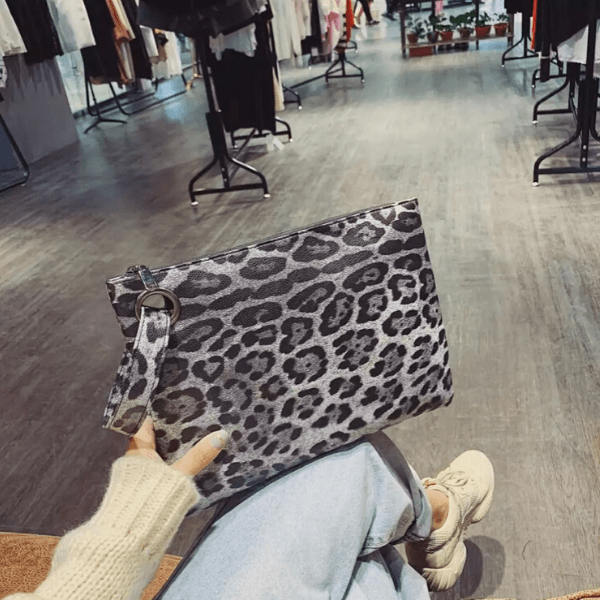 Gray Large Leopard Pouch Clutch with Wrist Strip - Ella Moore