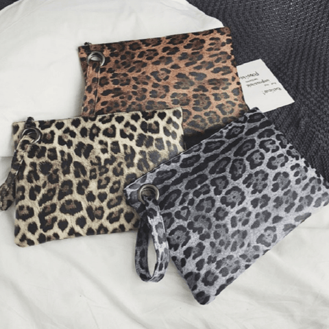 Gray Brown Tan Large Leopard Pouch Clutch with Wrist Strip - Ella Moore