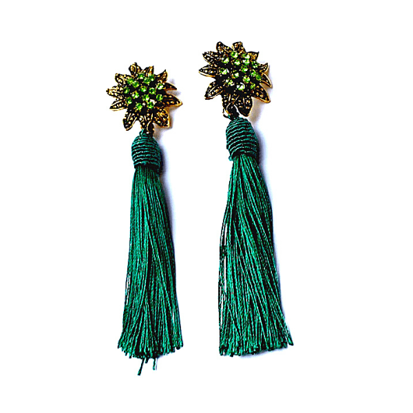Hunter Green Rhinestone Flower Tassel Drop Danging Earrings - Ella Moore