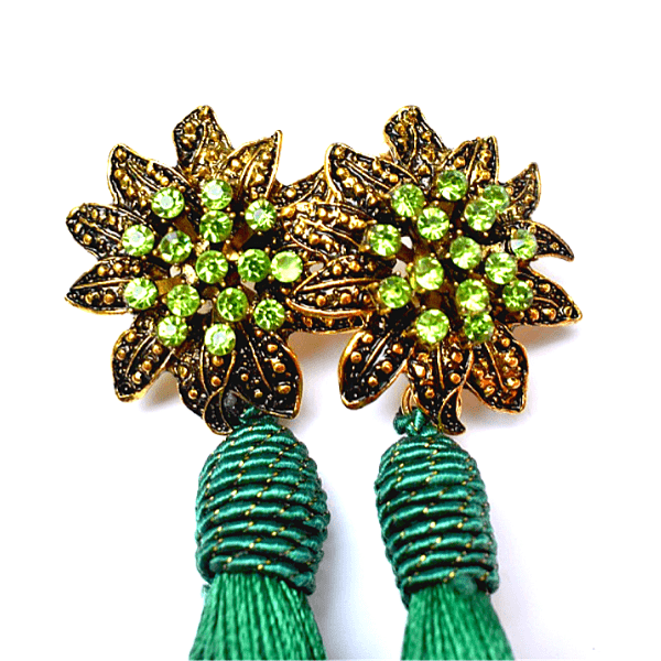 Hunter Green Rhinestone Flower Tassel Drop Danging Earrings - Ella Moore