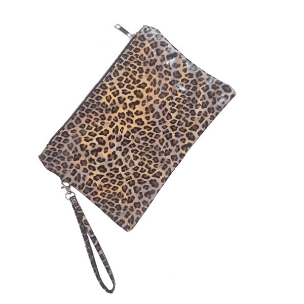 Iridescent Brown Leopard Medium Pouch Clutch with Wrist Strap - Ella Moore