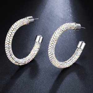 White iridescent  Sparkling Rhinestone Hoop End Gem Hoop Earrings - Ella Moore