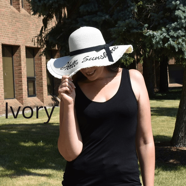 Ivory Women Wide Brim Embroidered Hello Sunshine Beach Floppy Summer Vacation Sun Hat - Ella Moore