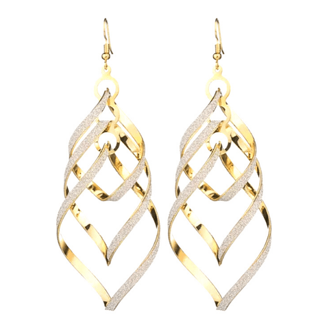 Large Gold Glittering Spiral DNA Twist Boho Drop Dangling Earrings