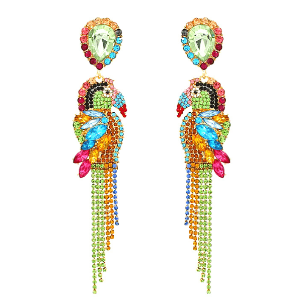 Large Multicolor Parrot Toucan Bird Rhinestone Tassel Dangling Drop Gold Earrings - Ella Moore
