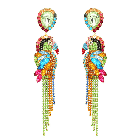 Large Multicolor Parrot Toucan Bird Rhinestone Tassel Dangling Drop Gold Earrings - Ella Moore
