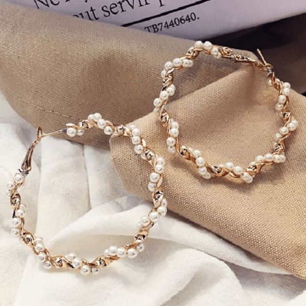 Large Pearl & Gold Twisted Hoop Earrings - Ella Moore