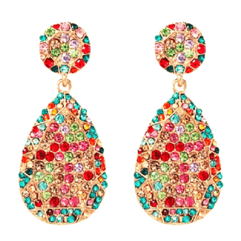 Large Rhinestone Colorful Muliti-color Multicolor Teardrop Dangling Earrings - Ella Moore