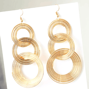 Large Gold Triple Multilayered Ring Dangling Earrings