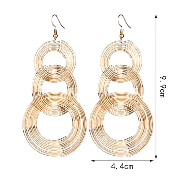 Large Gold Triple Multilayered Ring Dangling Earrings