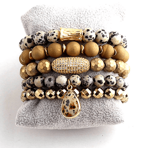 Leopard Print Natural Stone, Glass Beads and Crystal 5 Piece Stretch Bracelet Set