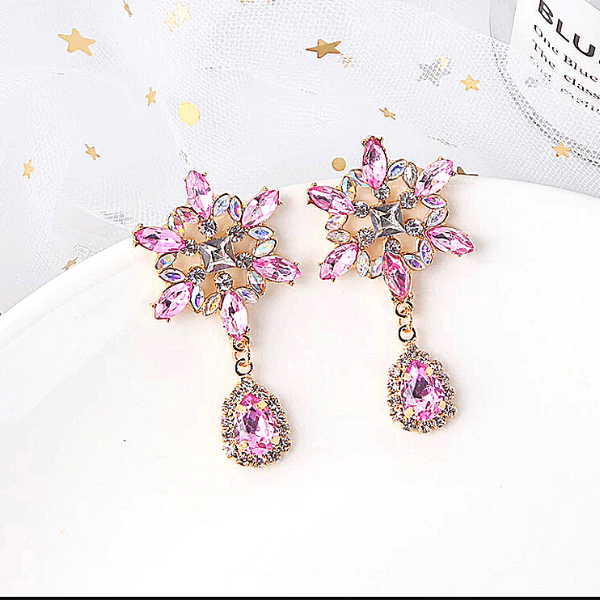 Light Pink CZ Snowflake Star Dangling Earrings - Ella Moore