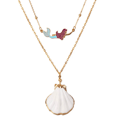 Mermaid and White Seashell Layered Gold Necklace