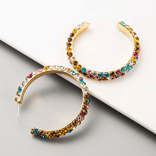 Multicolor Colorful C-shaped Gold Rhinestone Hoop Gold Earrings - Ella Moore