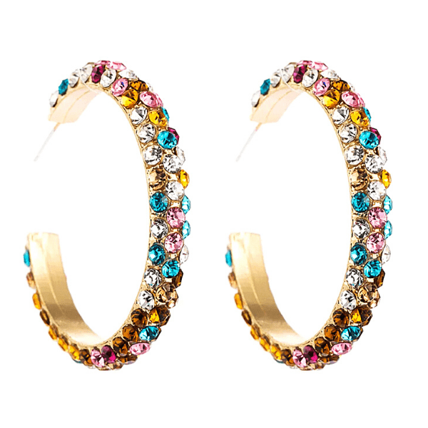 Colorful Rhinestone C shaped Large Hoop Gold Earrings