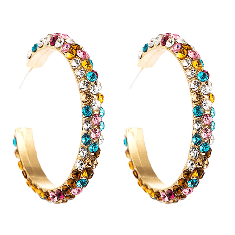Colorful Rhinestone C shaped Large Hoop Gold Earrings