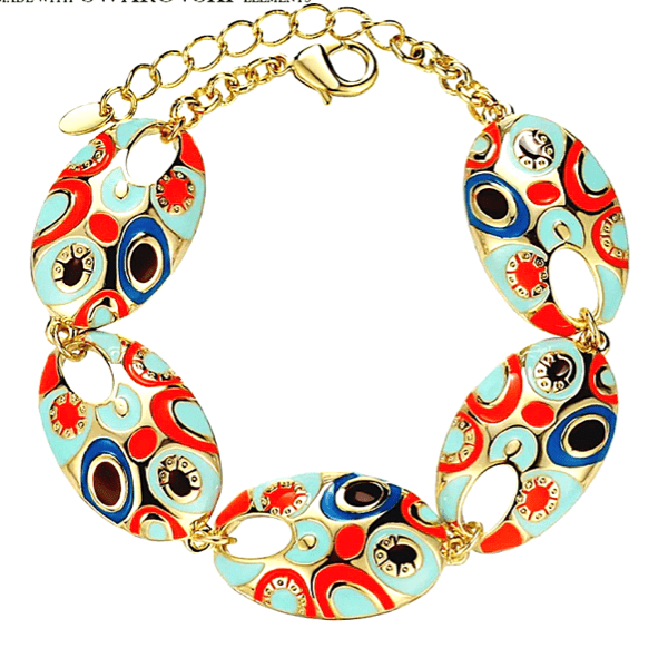 Tangerine Orange Blue Turquoise Gold Colorful Vintage Bohemian Style Enamel Bracelet - Ella Moore