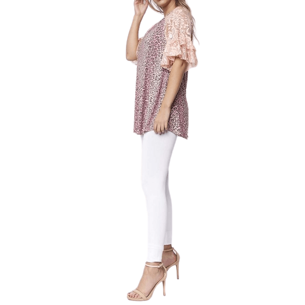 Peach Animal Leopard Print Ruffle Lace Short Sleeve Women Blouse Top - Ella Moore