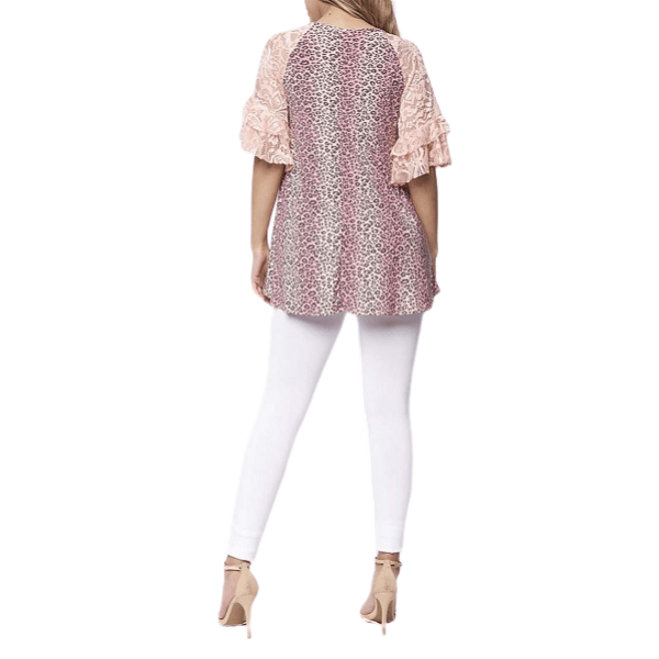 Peach Animal Leopard Print Ruffle Lace Short Sleeve Women Blouse Top - Ella Moore