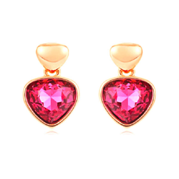 Petite Red Rhinestone Rose Gold Heart Drop Dangling Earrings - Ella Moore