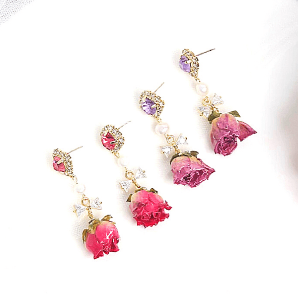 Pink and Purple CZ Pearl Dangling Rose gold earrings - Ella Moore
