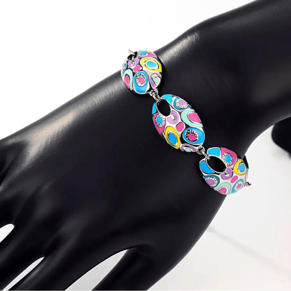 Rose Pink Blue Purple Yellow Colorful Vintage Bohemian Style Enamel silver Bracelet - Ella Moore