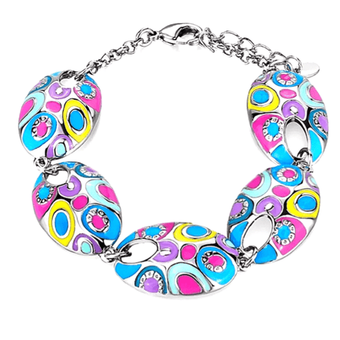 Rose Pink Blue Purple Yellow Colorful Vintage Bohemian Style Enamel Silver Bracelet - Ella Moore