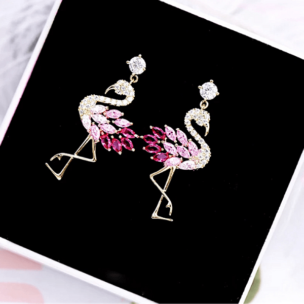 Pink Petite Delicate CZ Cubic Zirconia Flamingo Dangling Drop Gold Earring - Ella Moore