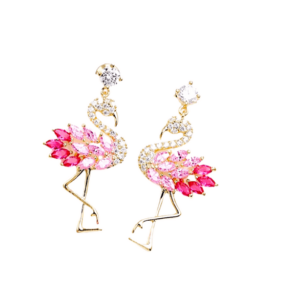 Pink Petite Delicate CZ Cubic Zirconia Flamingo Dangling Drop Gold Earring - Ella Moore