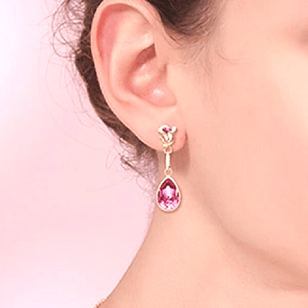 Pink Crystal Rose Flower Gold Drop Dangling Earrings - Ella Moore
