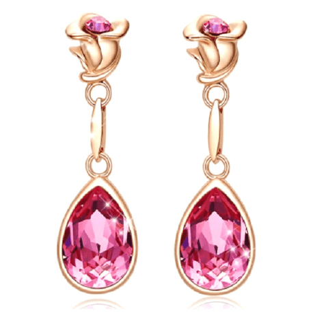 Pink Crystal Rose Flower Gold Drop Dangling Earrings - Ella Moore