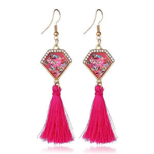 Pink  Diamond Shaped Tassel Dangling Earrings - Ella Moore