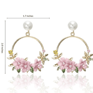 Pink Flower and Pearl Gold Hoop Earrings - Ella Moore