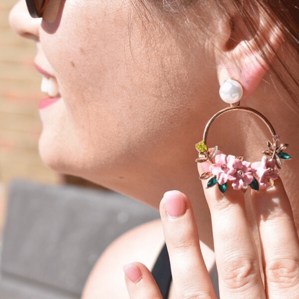 Pink Flower and Pearl Gold Hoop Earrings - Ella Moore
