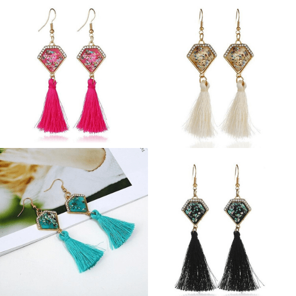 Pink Ivory Turquoise Black Diamond Shaped Tassel Dangling Earrings Set - Ella Moore