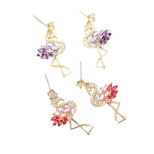 Pink & Purple Petite Delicate CZ Cubic Zirconia Flamingo Dangling Drop Gold Earring - Ella Moore