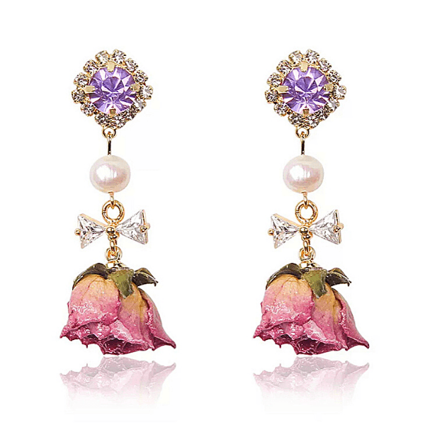 Purple CZ Pearl Dangling Rose Gold Earrings - Ella Moore