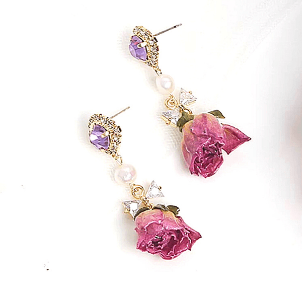 Purple CZ Pearl Dangling Rose Gold Earrings - Ella Moore