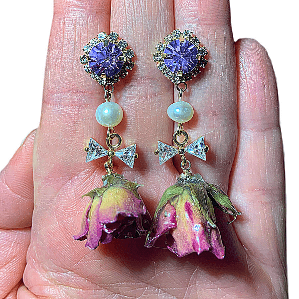 Purple CZ Pearl Dangling Rose Gold Earrings - Ella Moore