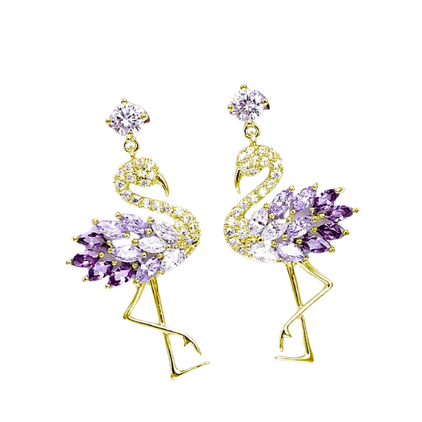 Purple Petite Delicate CZ Cubic Zirconia Flamingo Dangling Drop Gold Earring - Ella Moore