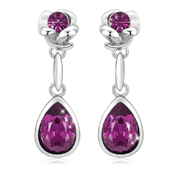 Purple Crystal Rose Flower Rhodium Drop Dangling Earrings