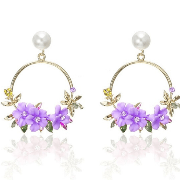 Purple Flower and Pearl Gold Hoop Earrings - Ella Moore