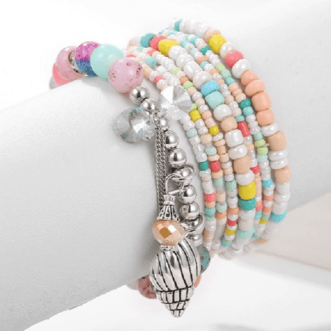 Rainbow Natural Stone Shell Crystal Tassel Charm Beaded Bracelets - Ella Moore