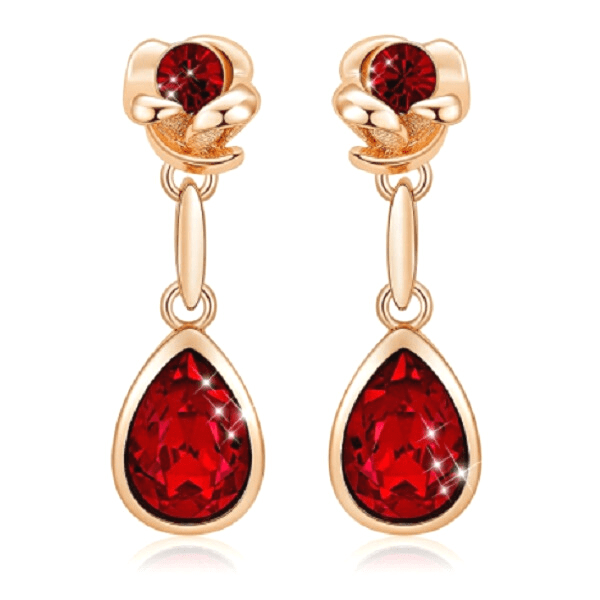 Red Crystal Rose Flower Gold Drop Dangling Earrings