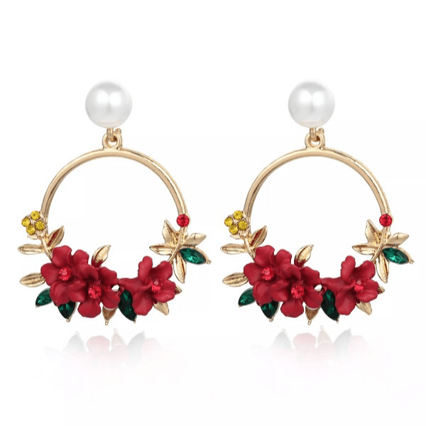 Red Flower and Pearl Gold Hoop Earrings - Ella Moore